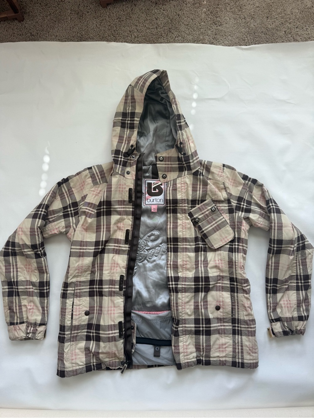 Burton Plaid Hooded Puffer Jacket in Cream, Black and Pink